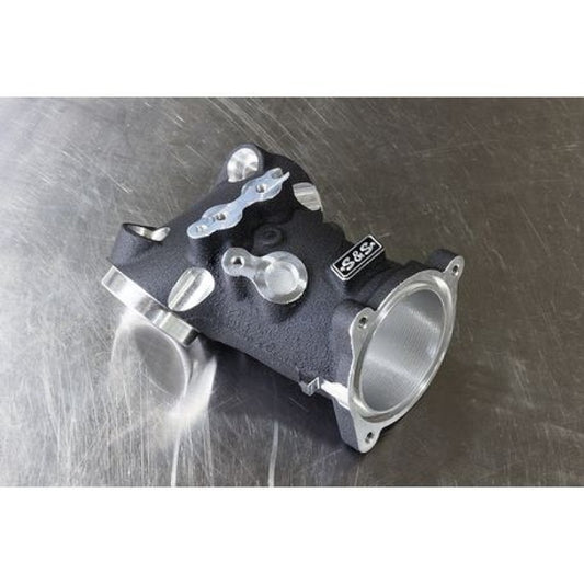 Black S&S Cycle M8 Models 55mm CNC ported manifold for motorcycle headers and exhaust systems.