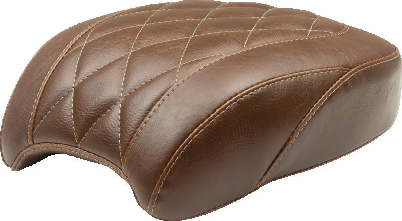 Mustang Harley Softail Slim Wide Tripper Passenger Seat in brown with diamond stitching, designed for Harley Softail Slim motorcycles.