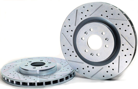 Baer Brakes front slot and drilled performance brake rotors for 2005-2008 Cadillac STS, showcasing drilled holes and slot design