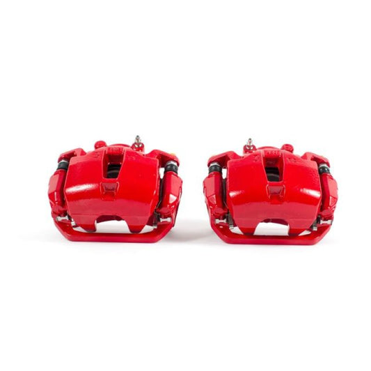 Pair of PowerStop front red brake calipers with brackets for Infiniti FX35 (2003-2005) shown in the image, performance automotive part.