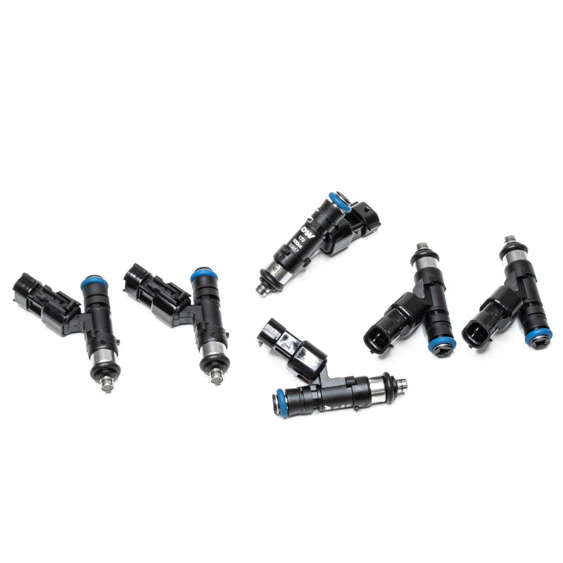 DeatschWerks 650cc top feed fuel injector set for 03-15 Nissan 350z, 370z, G35, G37, and other 4-cylinder models, in black.