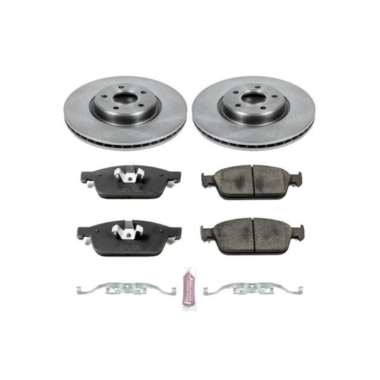 PowerStop OE brake kit for 2013-2014 Ford Focus, front auto specialty brake components with new brake rotors and pads.