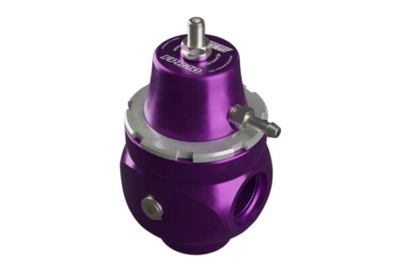 Turbosmart FPR10 fuel pressure regulator with purple finish, -10AN fitting, designed for high-performance fuel systems.