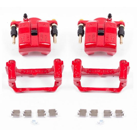 Pair of PowerStop front red brake calipers with brackets for Mazda MX-5 Miata 2006-2015, performance brake calipers for enhanced stopping power.