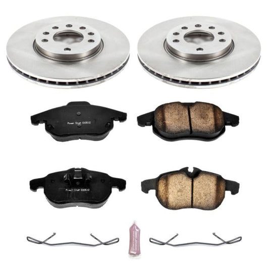 PowerStop OE brake kit for Saab 9-3 front brakes, includes brake rotors and pads, designed for reliable stopping performance.