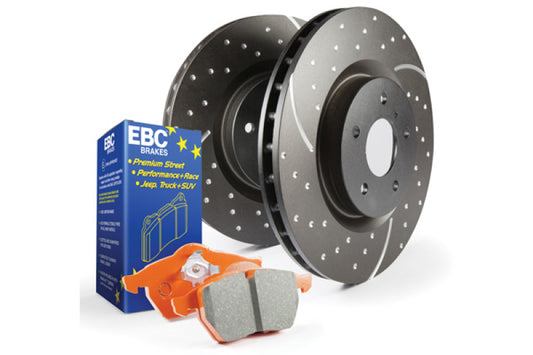 EBC S8 Brake Pad and Rotor Kit with slot and drilled brake rotors installed on a vehicle for enhanced braking performance.