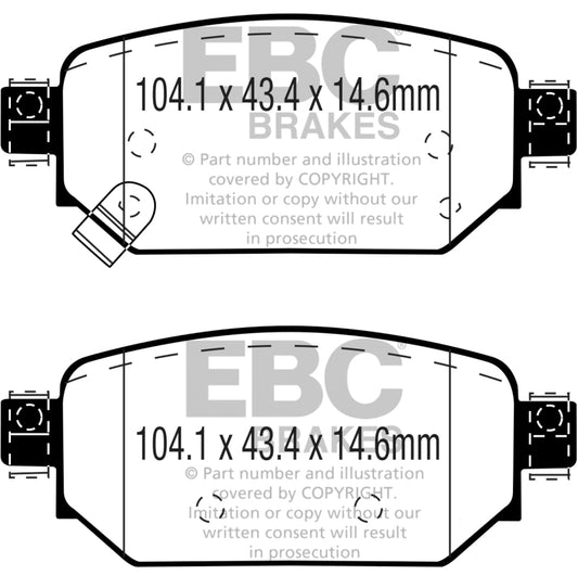 EBC Redstuff performance rear brake pads for Mazda 3 2.0L (2017+), showcasing the red brake pad material and metal backing plates.