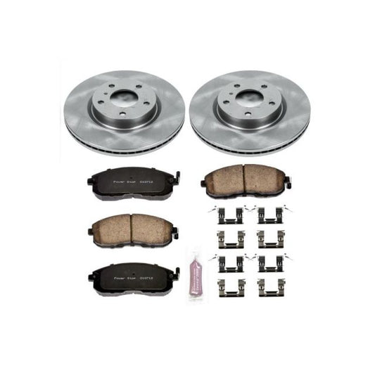 PowerStop OE front brake kit for Infiniti G35 2003-2005, featuring brake rotors and pads in a clean, automotive setting