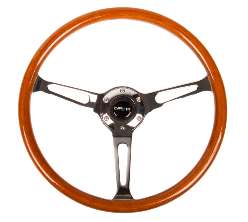 NRG reinforced 360mm classic wood grain steering wheel with chrome cutout and 3-spoke center, designed for car interior upgrades.