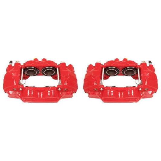 Pair of PowerStop front red brake calipers for 2003-2009 Toyota 4Runner, performance brake calipers without brackets, assembled and shiny.