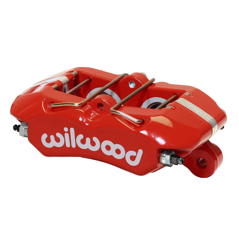 Wilwood red performance brake caliper with 1.38-inch FDP-LP piston and 0.500-inch rotor for high-performance braking.