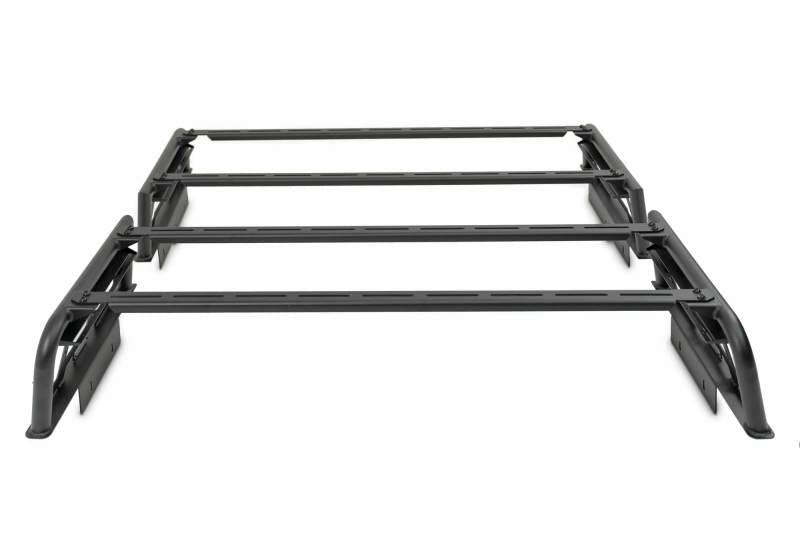 DV8 Offroad MTO Series 2-piece adjustable bed rack for Toyota Tundra and Ford F150 Raptor trucks, exterior truck bed accessory.