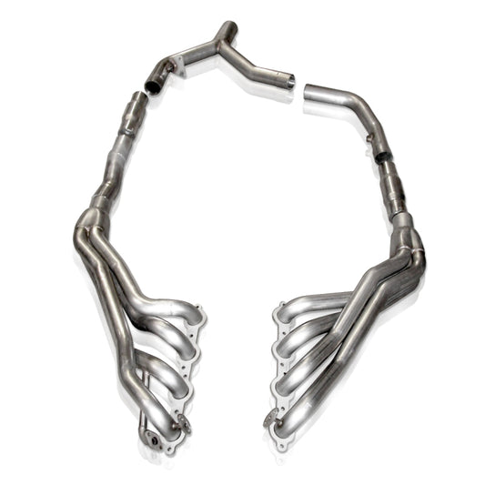 Stainless Works Chevy Camaro/Firebird 1998-99 headers and catted Y-pipe, metallic exhaust components with detailed welds.