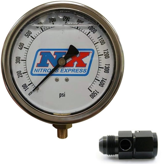 Nitrous Express 4-inch high-accuracy nitrous pressure gauge with 8AN fitting for precise nitrous oxide system monitoring.