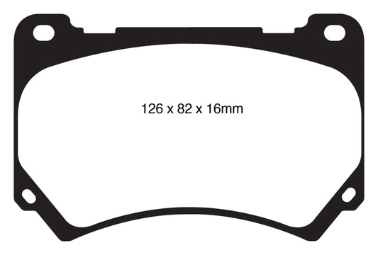 EBC 11+ Hyundai Equus 4.6 Greenstuff front brake pads for high-performance braking, shown in the image.