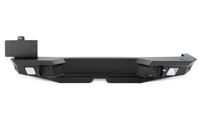 Steel rear bumper for 2018 Jeep Wrangler JL by DV8 Offroad, features a rugged design with an optional tire carrier.