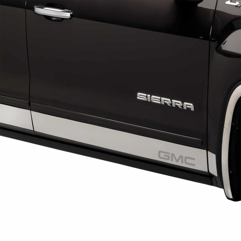 Putco SS rocker panels for GMC Sierra crew cab, 6-inch wide body armor and rock rails, set of 12 for exterior protection.