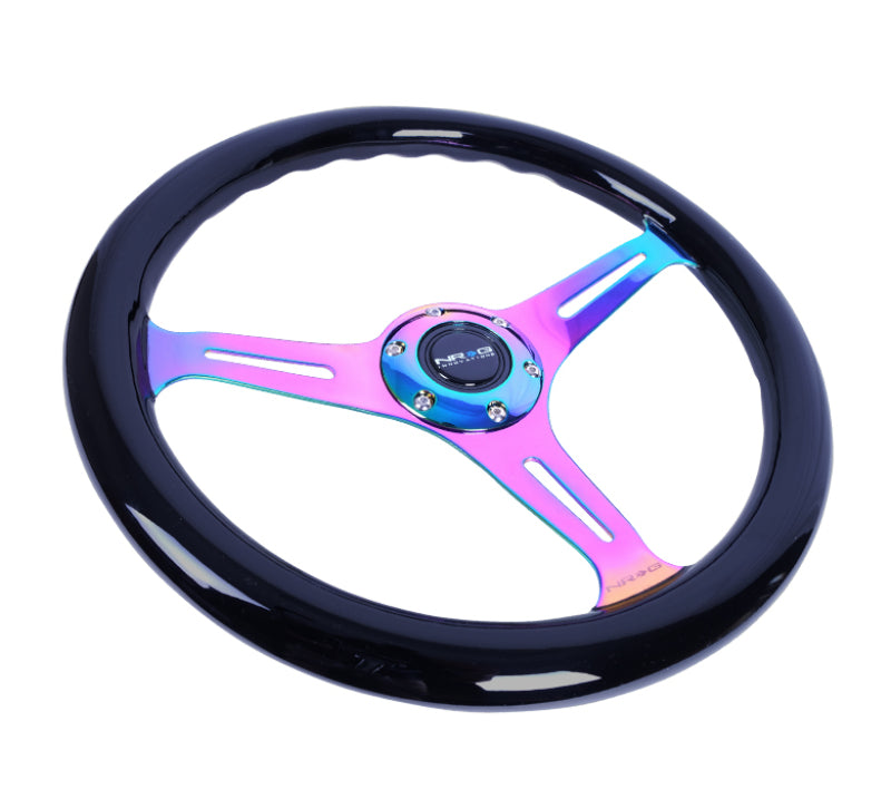 NRG Classic Wood Grain Steering Wheel with black paint grip and neochrome 3-spoke center, 350mm diameter for car interior upgrade.
