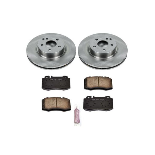 PowerStop rear OE brake kit for 2011-2019 Nissan Leaf, including brake rotors and pads, installed on the vehicle's rear wheel.