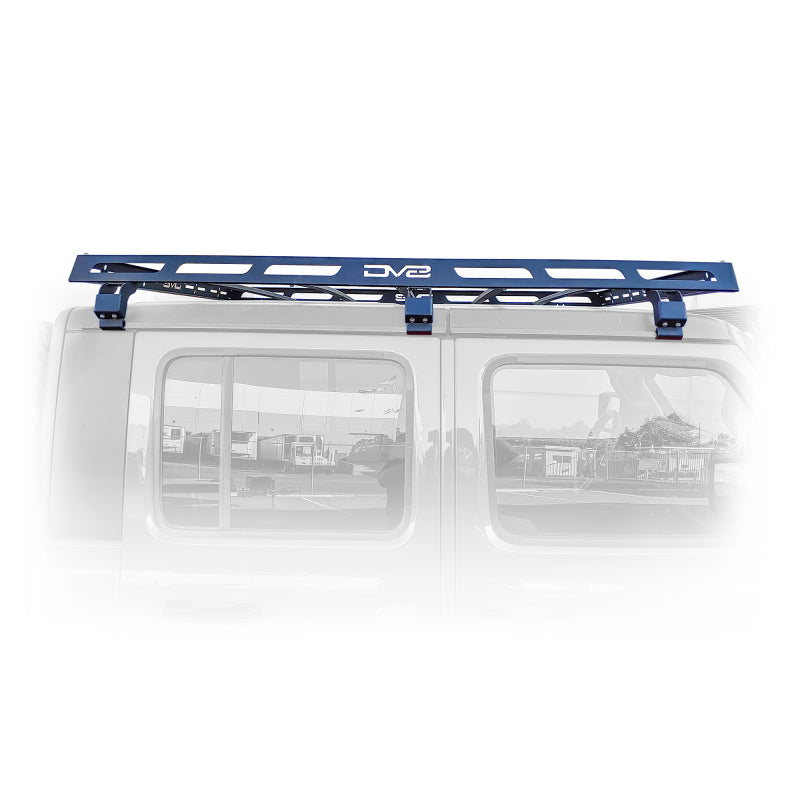 DV8 Offroad Jeep Wrangler JK, JL, and Gladiator roof rack installed on top of the vehicle, showing durable metal construction