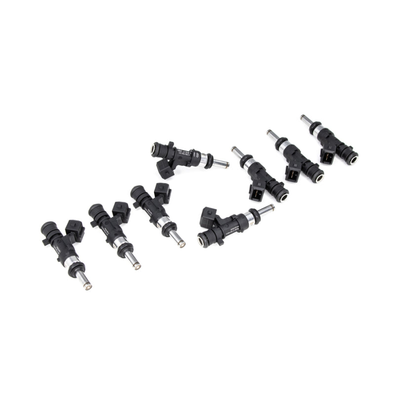 DeatschWerks 07-14 Mercedes Benz C63 M156 1100cc fuel injector set for 8-cylinder engine, showing eight new injectors.