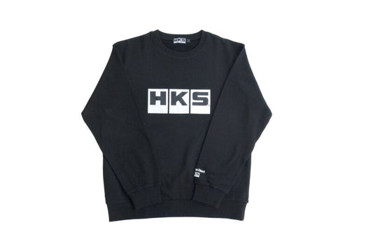 Black HKS pullover shirt size L, featuring a casual fit with the HKS logo on the front, displayed on a hanger.