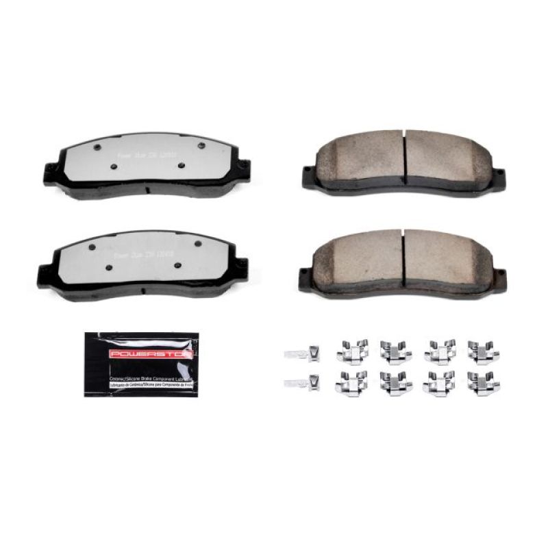 PowerStop Z36 performance front brake pads with hardware for 2005-2008 Ford F-250 Super Duty truck, designed for towing and stopping power.