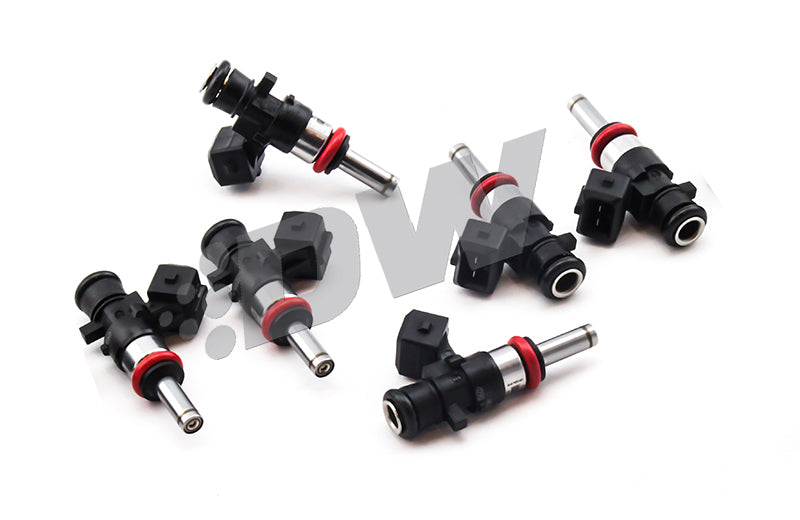 DeatschWerks Bosch EV14 1200cc fuel injectors set for 99-10 Ford Mustang V6 3.8L and 4.0L engine, six injectors shown.