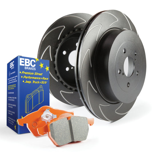 EBC S7 brake pad and rotor kit with slotted brake rotors and pads, showing the detailed slotted surface and metallic components.