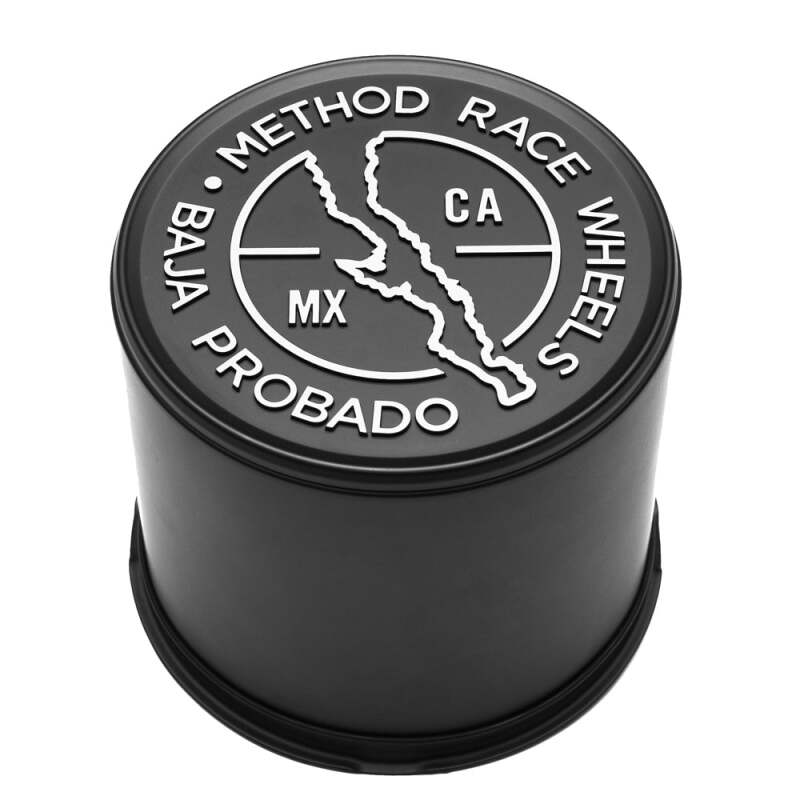 Black Method Race Wheels B Cap Baja 130mm wheel center cap showing the brand logo and sleek design.