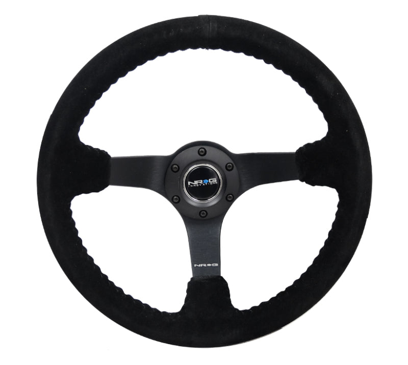 NRG reinforced steering wheel, 350mm black suede with basketball stitch, 5mm matte black spoke, deep 3-inch design, sporty grip