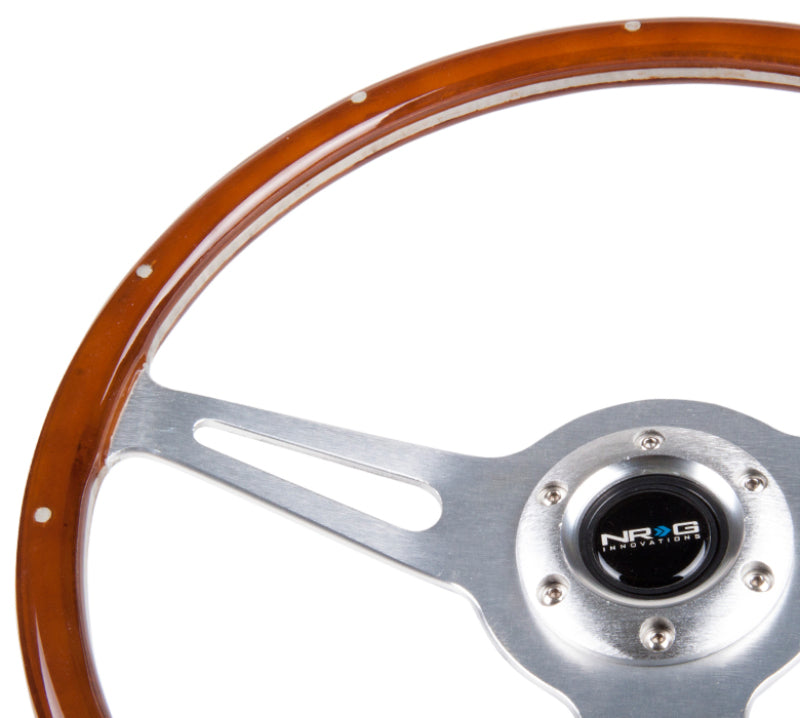 NRG Classic wood grain steering wheel with metal inserts and brushed aluminum 3-spoke center, 365mm diameter, for automotive use