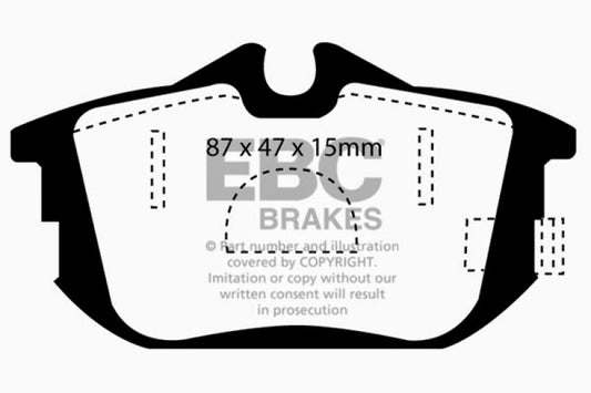EBC Ultimax2 rear brake pads for Volvo S40 1.9 Turbo T4 200 BHP, OE type, shown with brake pad set in packaging