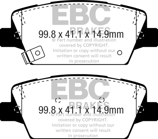 EBC 2017+ Kia Cadenza 3.3L Ultimax2 rear brake pads, OE type, showing the black brake pad components and packaging.