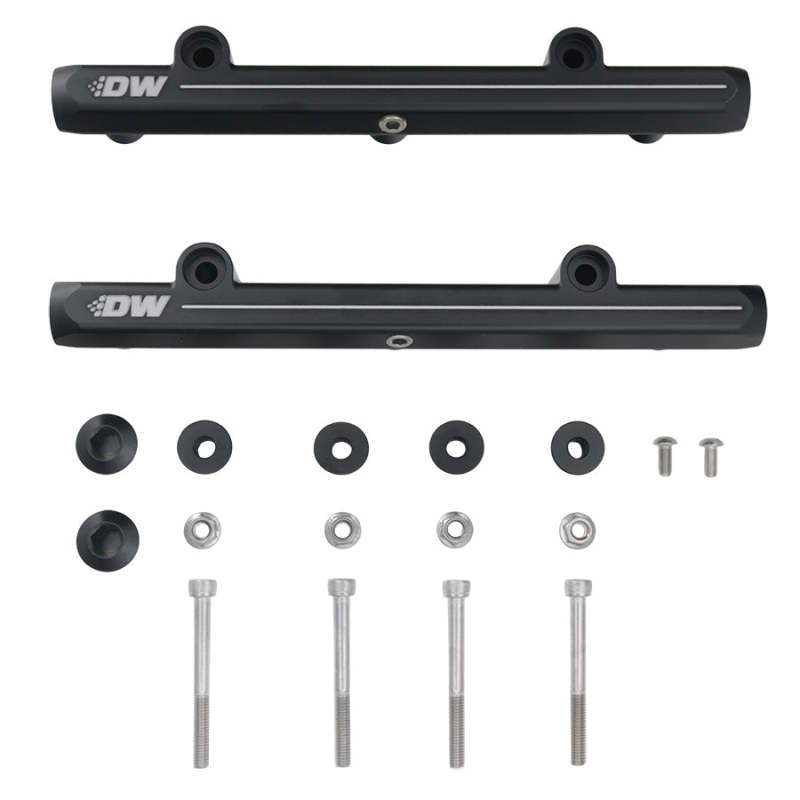 DeatschWerks fuel rail for Acura and Honda NSX, high-performance metal fuel rail with inlet and outlet ports, designed for 1991-2005 models.
