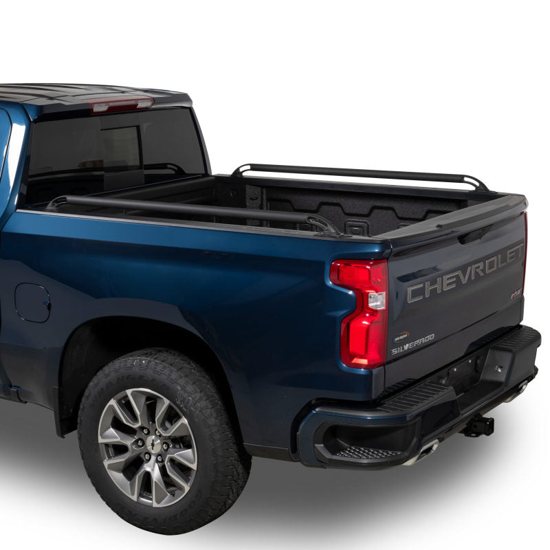 Putco black powder-coated F-150 6.5ft bed side rails with flare side armor, exterior body protection for Ford trucks.