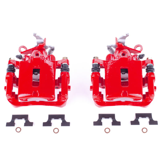 Pair of PowerStop rear red brake calipers with brackets for Jaguar S-Type 2003-2005, performance replacement brake components.