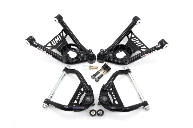 UMI Performance control arms kit with 64-72 GM A-Body tubular upper and lower front A-arms featuring Delrin bushings.