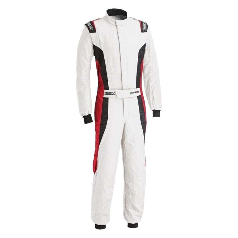 Sparco Victory PRO 60 racing suit in white and red, designed for motorsport safety and performance, with sponsor logos and racing style.