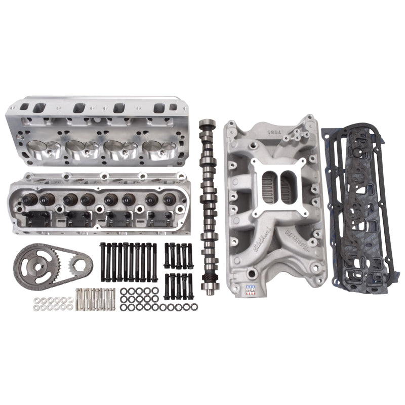 Edelbrock Top End Kit for Ford 351W featuring RPM Xtreme cylinder heads and roller camshaft for high-performance engine upgrade.