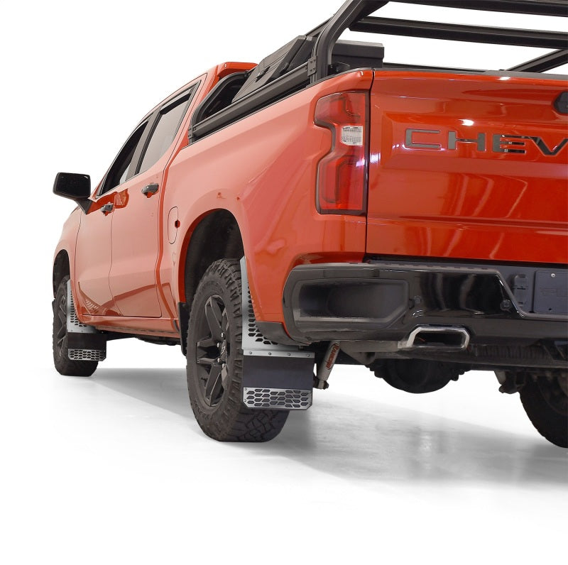 Putco polished stainless steel mud flaps with hex shield for 2020 Chevy Silverado/Sierra HD front and rear set.