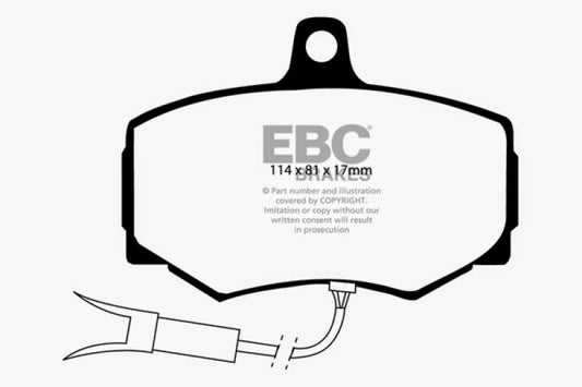 EBC Redstuff front brake pads for 1988-1989 Jaguar XJ6 3.6, high-performance brake pads with red friction material.