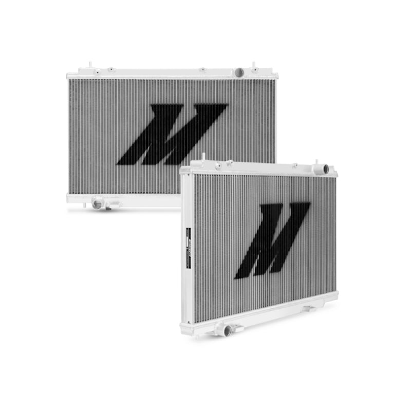 Mishimoto aluminum radiator for 2007-2009 Nissan 350Z, manual transmission, featuring a sleek silver design and cooling fins.