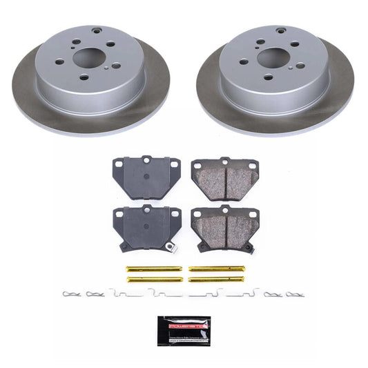 PowerStop rear semi-coated rotor kit for 2003-2007 Toyota Matrix, performance brake kit with semi-coated rotors and hardware.