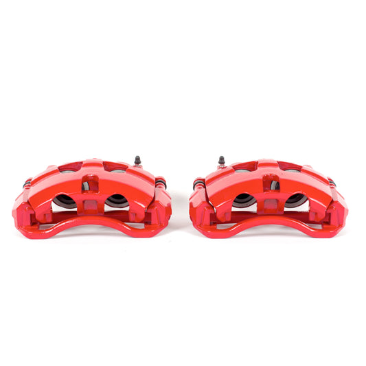 Pair of PowerStop front red brake calipers with brackets for Ford E-150 from 2008 to 2014, performance brake calipers for enhanced stopping power.