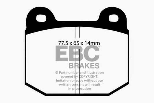 EBC Lotus 2-Eleven 1.8 Supercharged Redstuff front brake pads for high-performance braking, shown in red with metal backing plates.