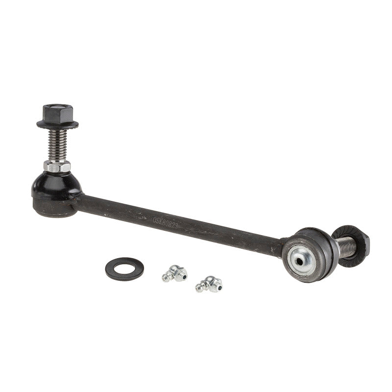 Moog Chrysler 300 front left sway bar endlink kit showing the metal link with rubber bushings for suspension stability.
