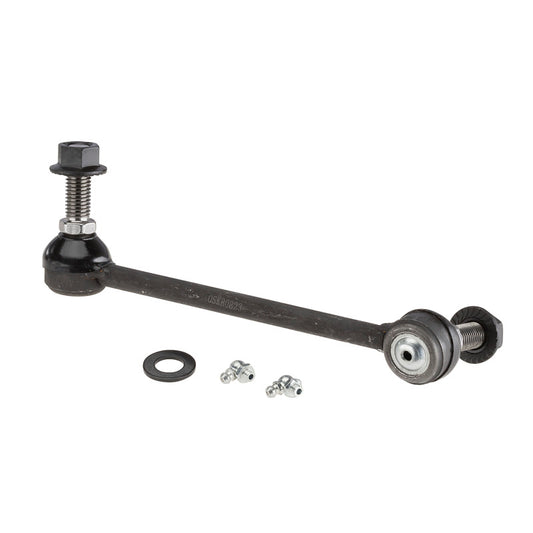 Moog Chrysler 300 front left sway bar endlink kit showing the metal link with rubber bushings for suspension stability.