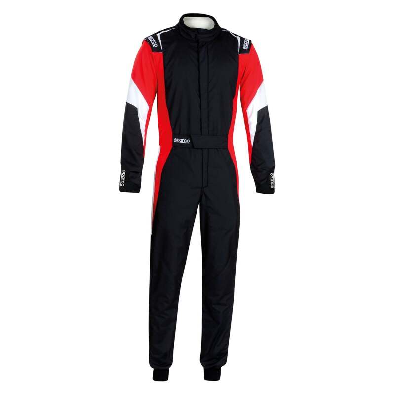 Black and red Sparco racing suit for competition, featuring the Sparco brand logo and aerodynamic design for motorsport performance.