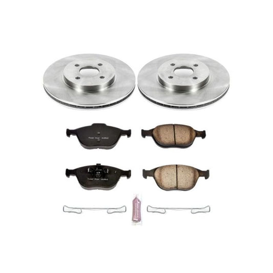 PowerStop OE front brake kit for Ford Focus 2002-2004 showing brake rotors and calipers installed on the vehicle